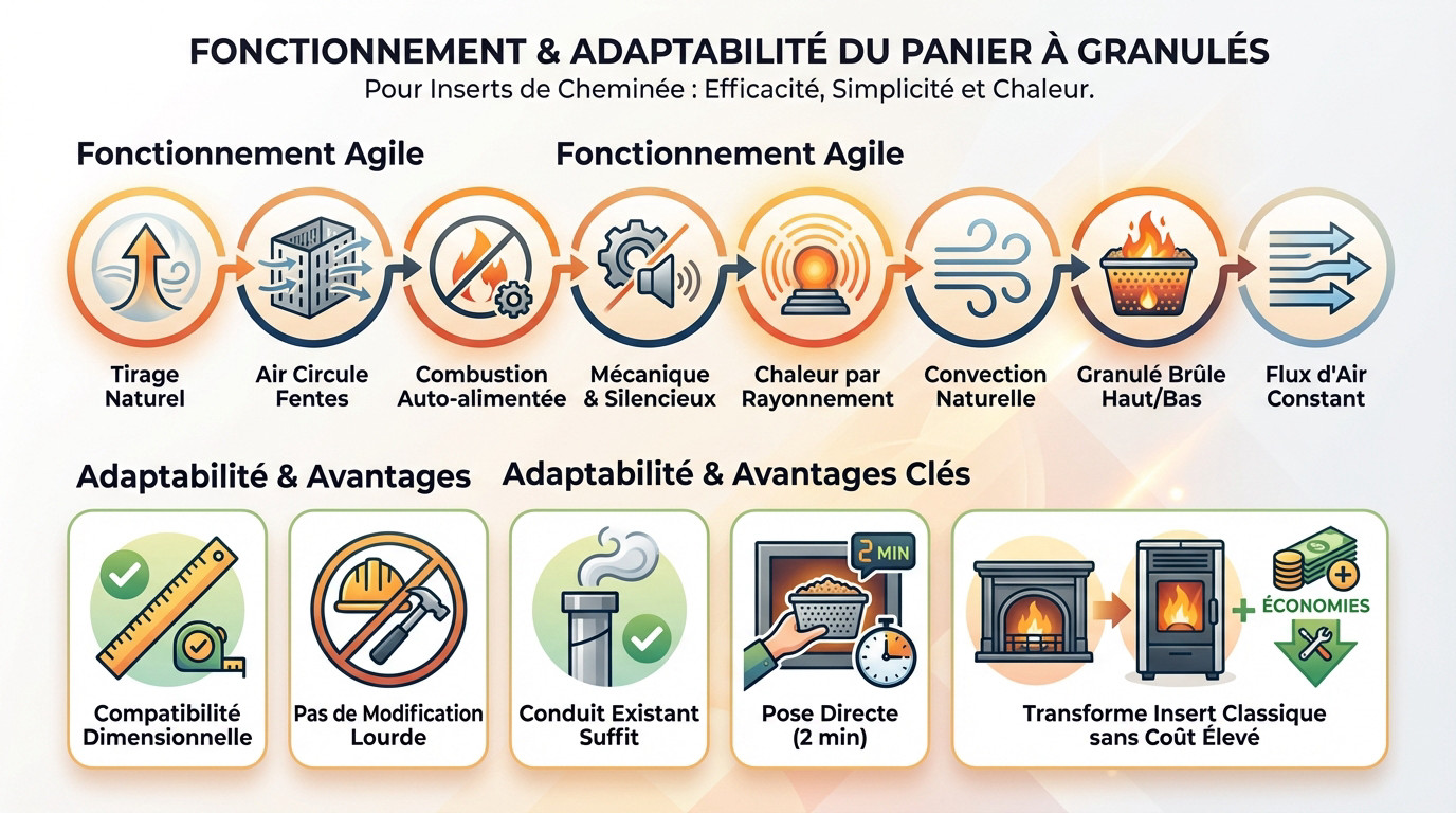 Schéma de fonctionnement d'un panier à pellets dans un insert de cheminée