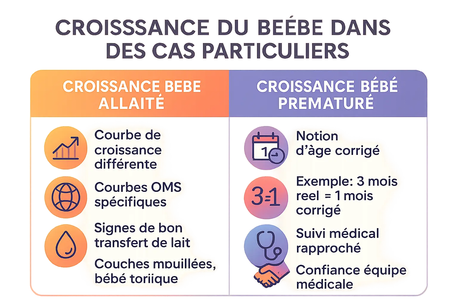 Schéma illustrant les différences de croissance entre bébés allaités, prématurés et à terme