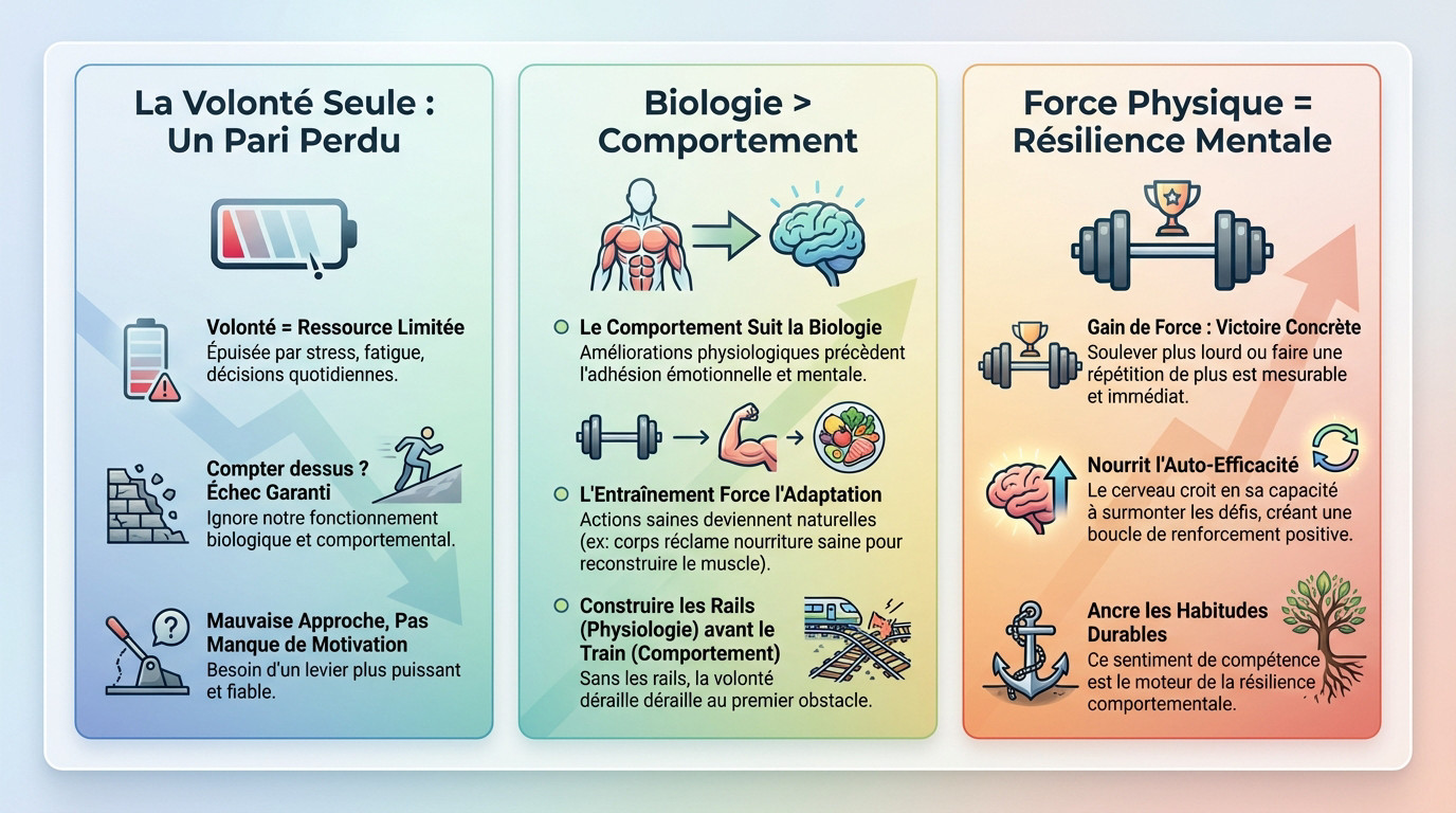 Athlète s'entraînant intensément illustrant que la force physique surpasse la volonté pour des résultats durables
