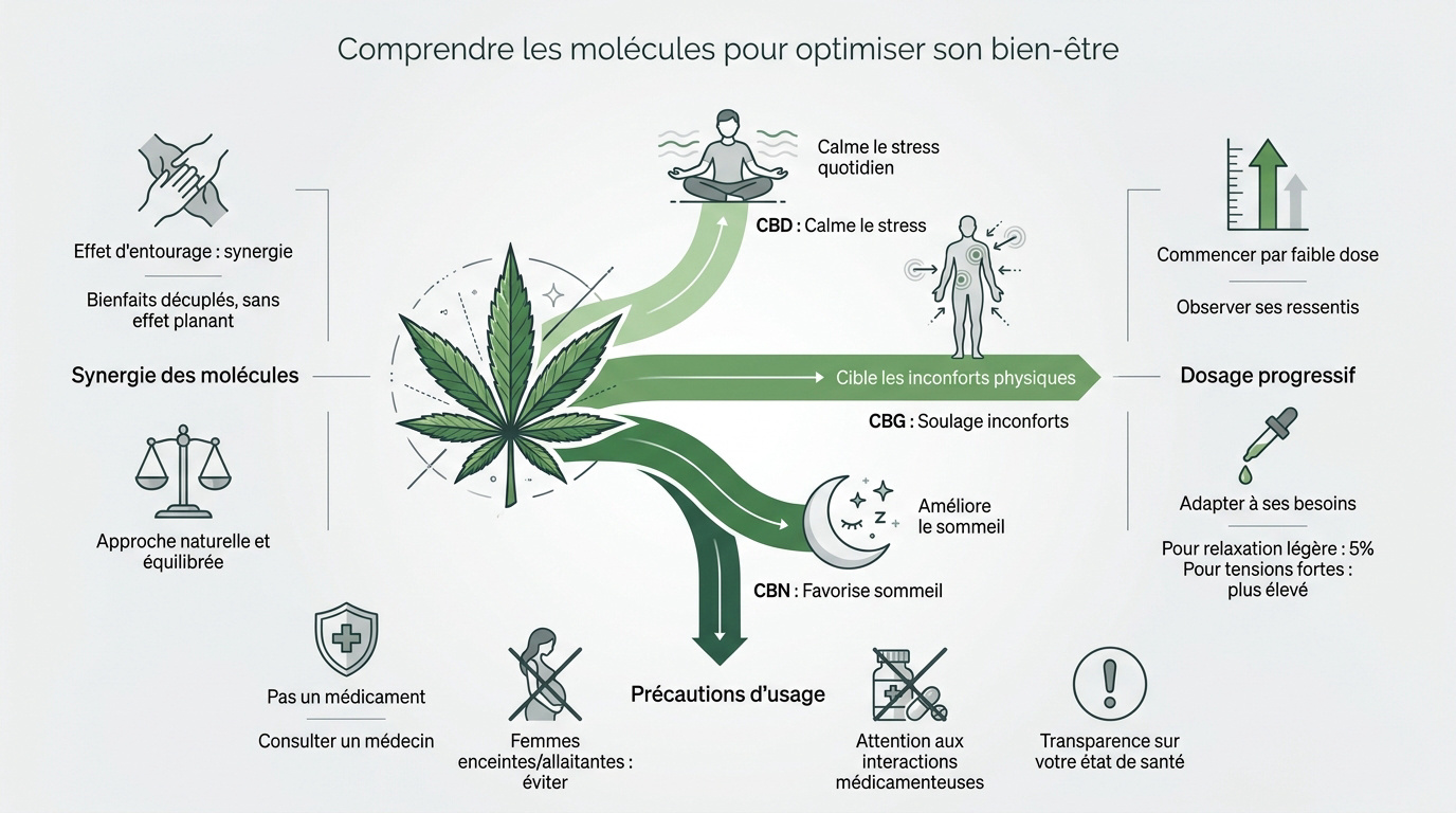 Représentation moléculaire du CBD, CBG et CBN pour le bien-être