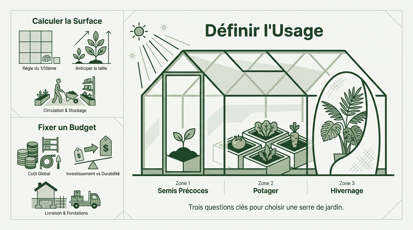 Infographie comparative pour savoir quelle serre de jardin choisir selon les matériaux et l'usage
