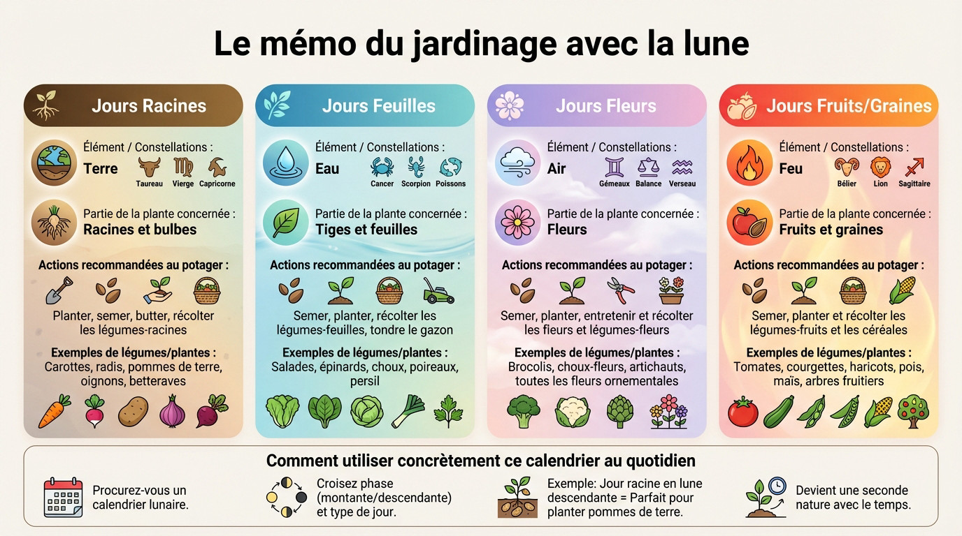 Tableau récapitulatif pour jardiner avec la lune selon les types de jours