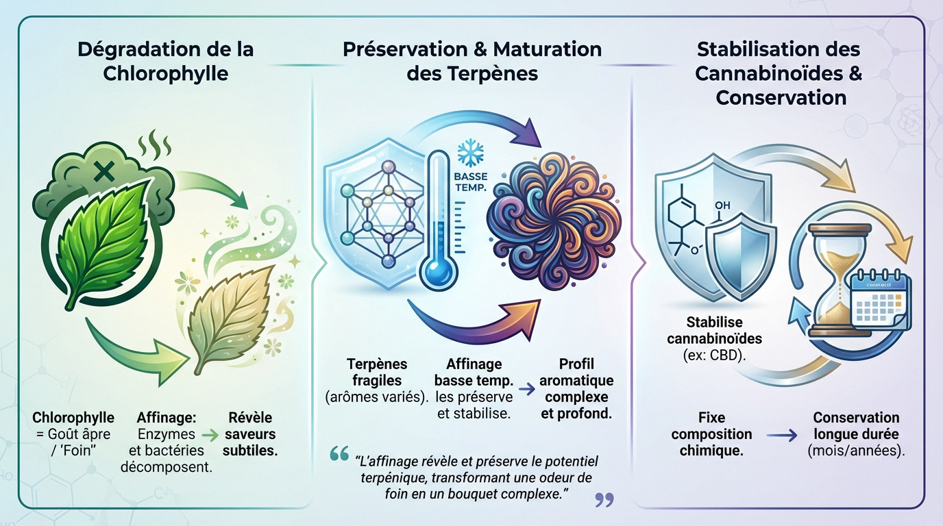Schéma des transformations moléculaires des terpènes et cannabinoïdes durant le curing