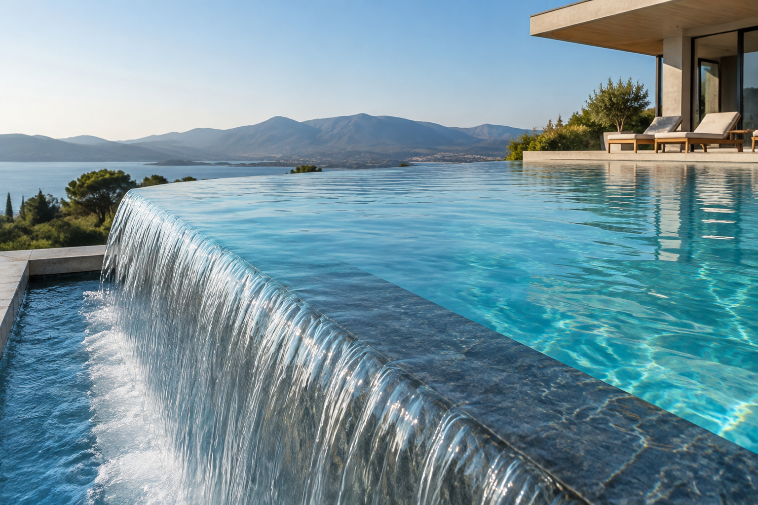 Trop-plein d'une piscine avec arrivée d'eau fraîche.