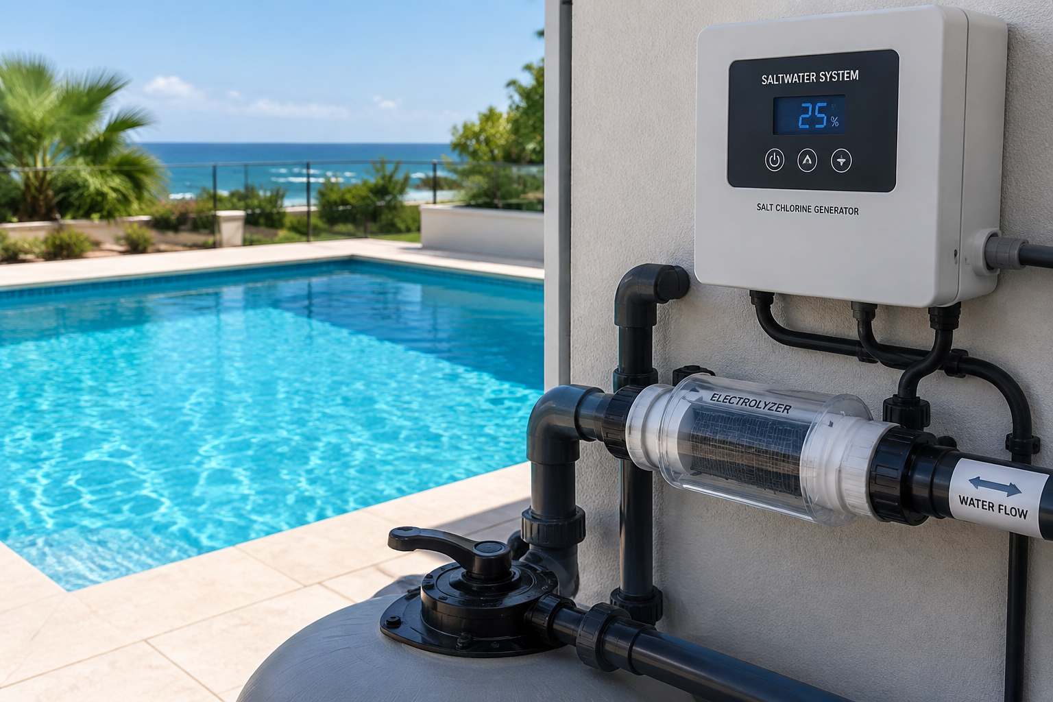 Piscine d'eau salée avec un électrolyseur en fonctionnement.