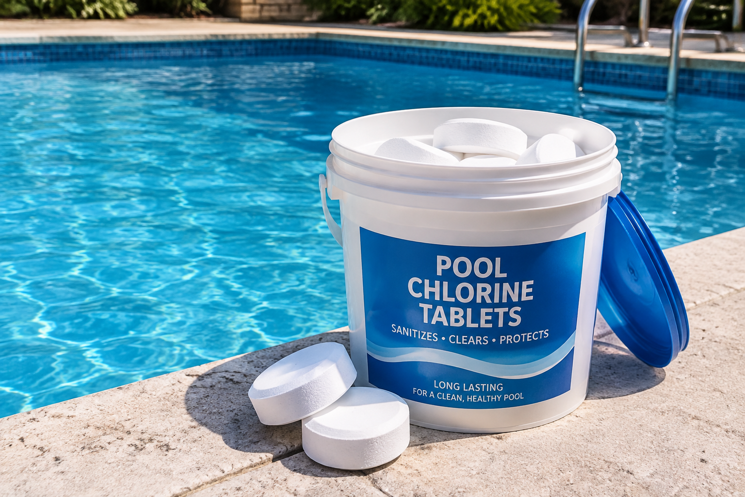 Un seau de pastilles de chlore près du bord d'une piscine.