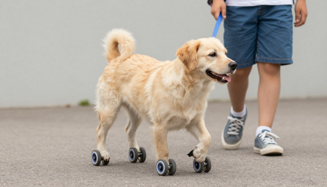 Chien handicapé avec chariot roulant et enfant