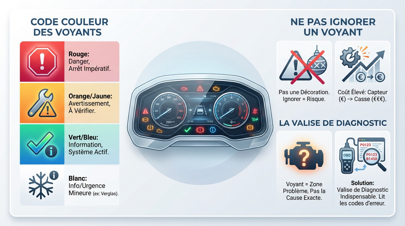 Tableau de bord BMW montrant les différents codes couleurs des voyants d'alerte et de signalisation