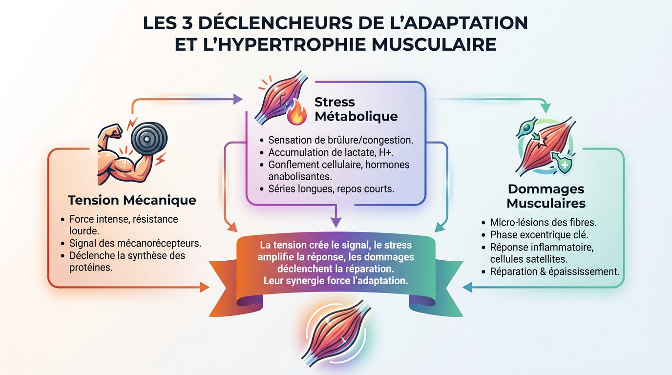 Schéma illustrant la tension mécanique, le stress métabolique et les dommages musculaires pour l'hypertrophie