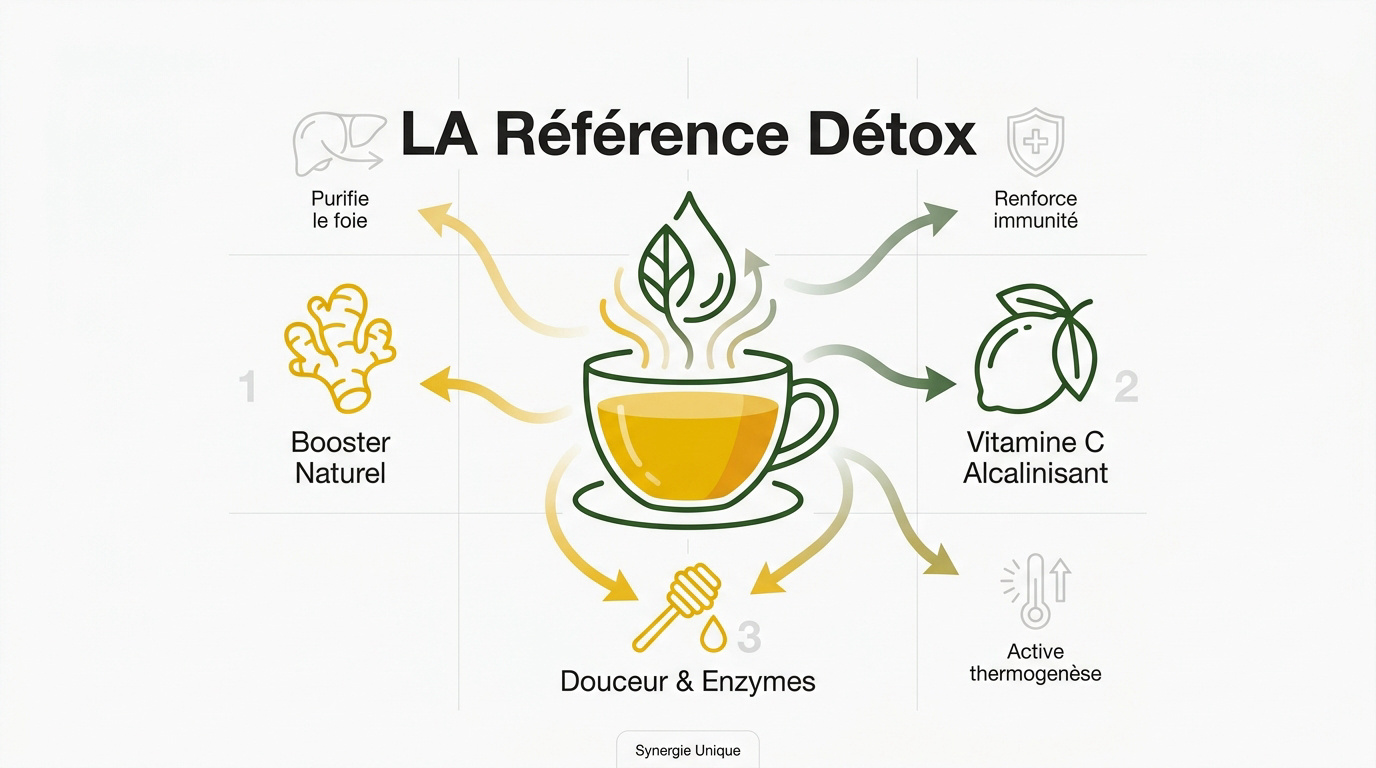 Infographie des bienfaits détox du mélange gingembre, citron et miel pour l'organisme