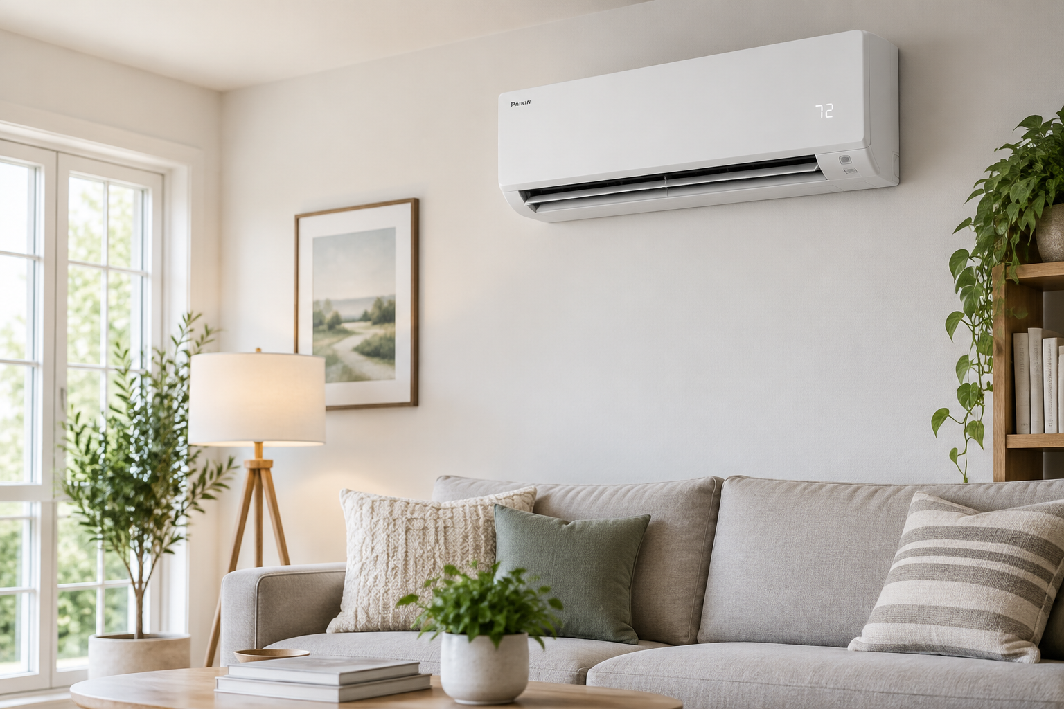 Unité intérieure murale de climatisation dans un salon lumineux