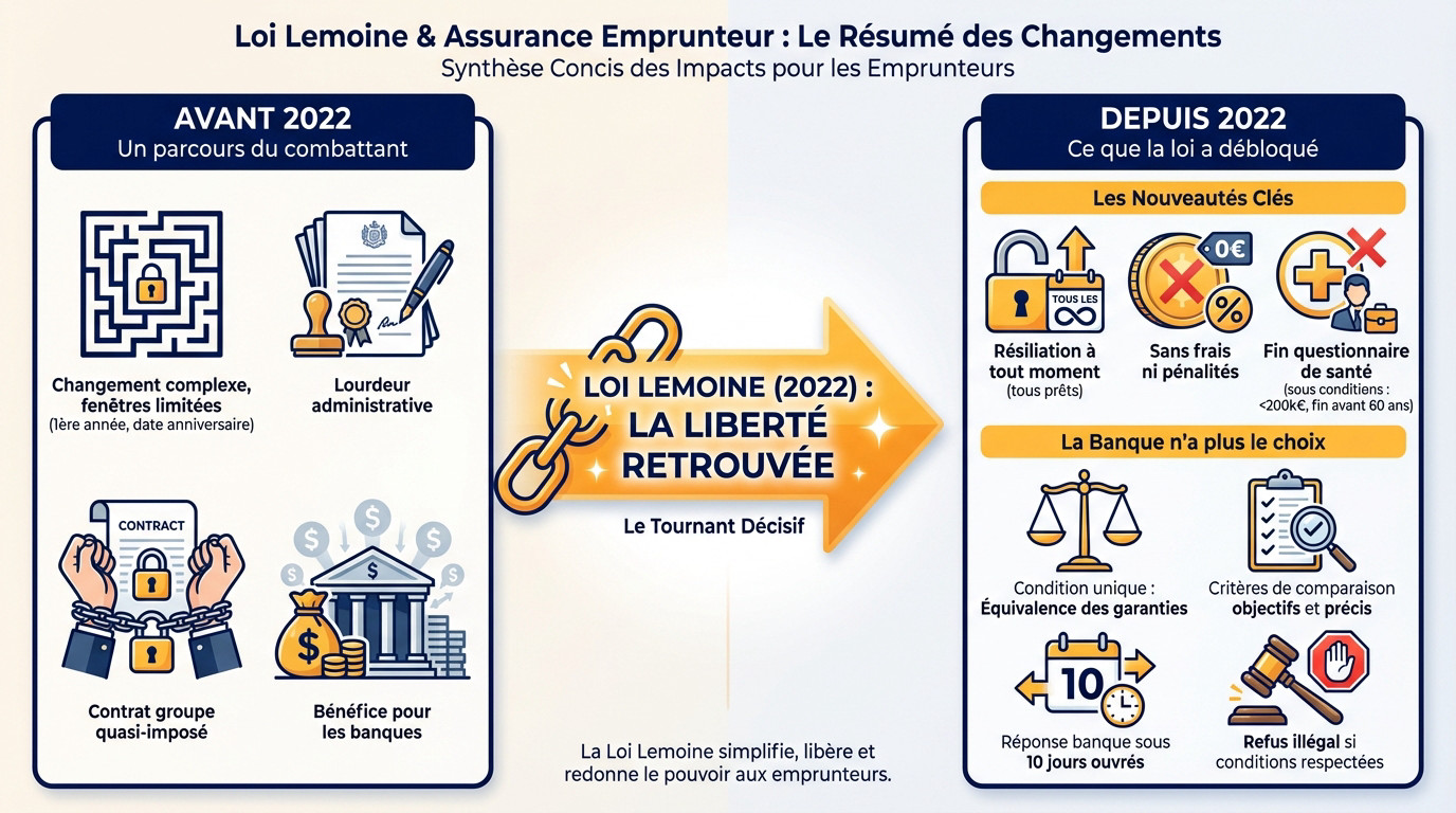 Infographie résumant les changements de la loi Lemoine sur l'assurance emprunteur : résiliation infra-annuelle et fin du questionnaire médical