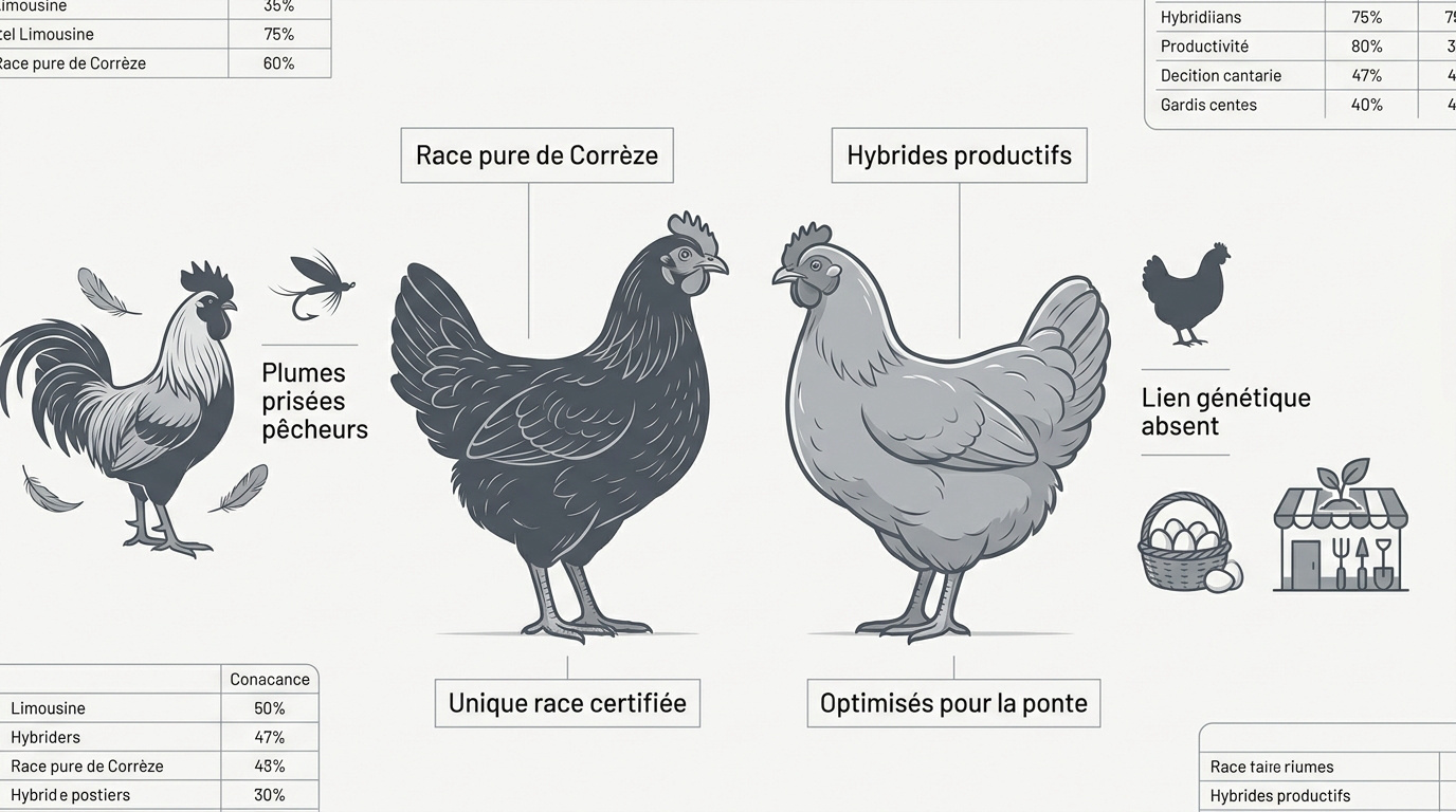 Comparaison visuelle entre une poule de race pure Limousine et une poule hybride cendrée
