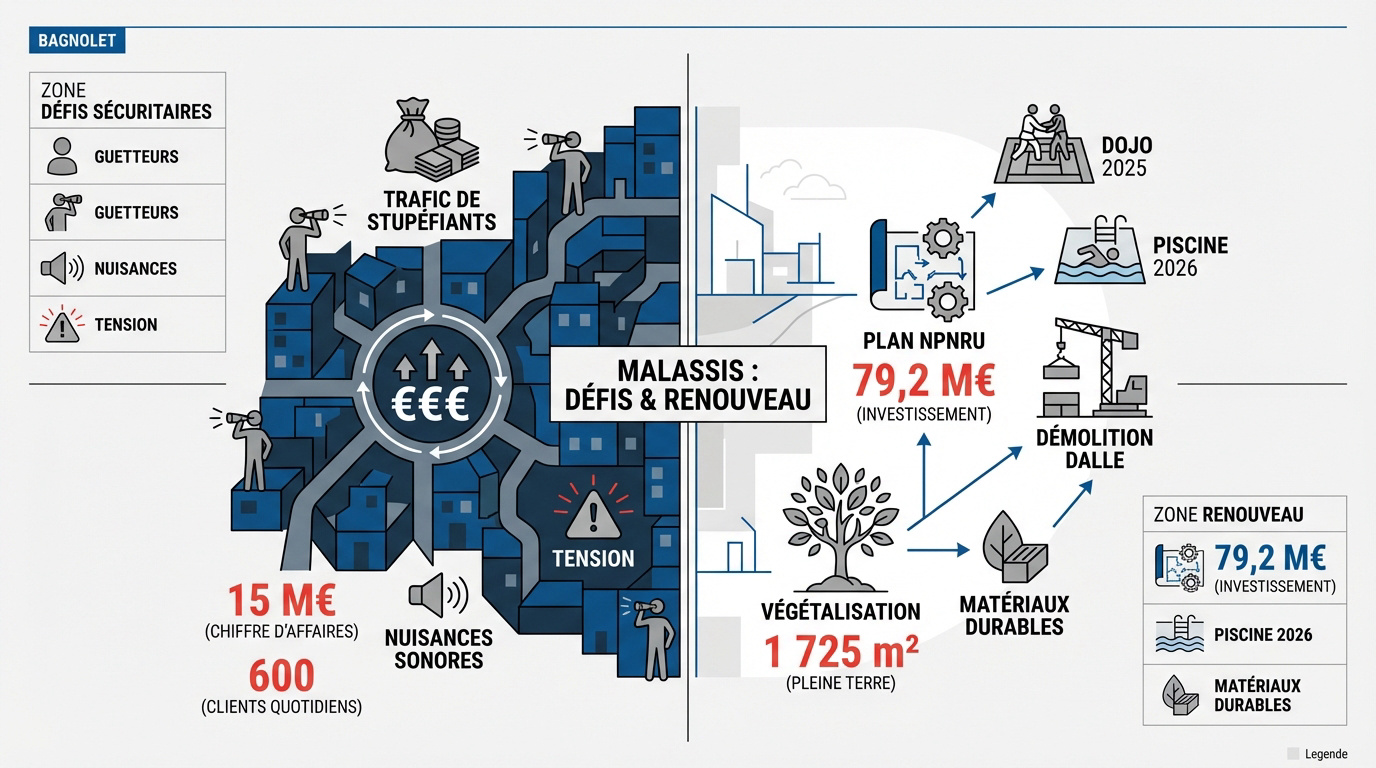 Vue des projets de rénovation urbaine et défis sécuritaires dans le quartier des Malassis à Bagnolet