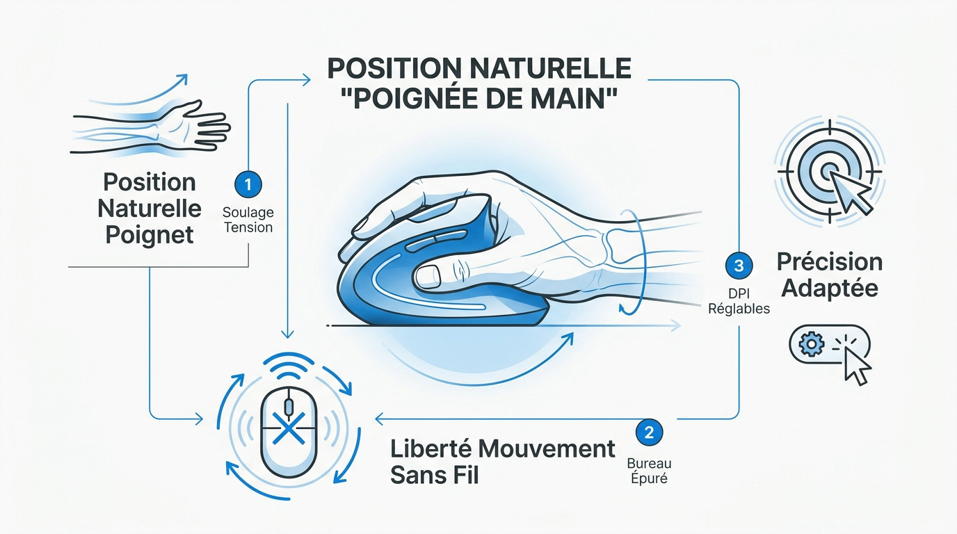 Souris ergonomique sans fil : comment bien choisir Souris ergonomique verticale sans fil posée sur un bureau moderne