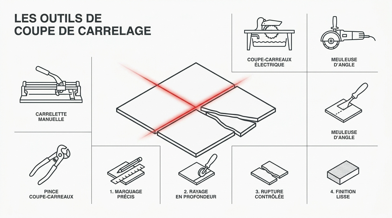 Sélection d'outils professionnels pour la découpe de carrelage incluant carrelette et meuleuse