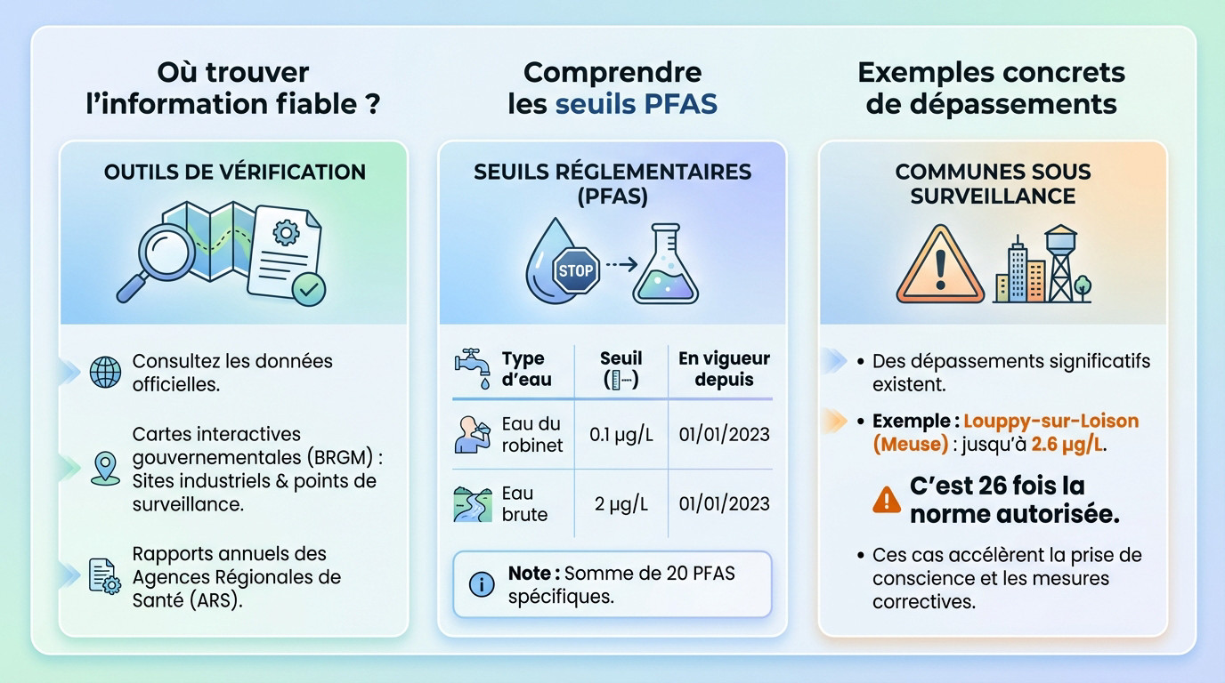 Infographie expliquant comment vérifier et comprendre les taux de PFAS dans l'eau potable