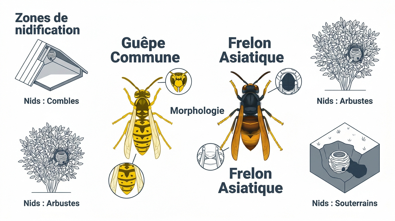 Comparaison morphologique entre gu&ecirc;pes communes et frelons asiatiques