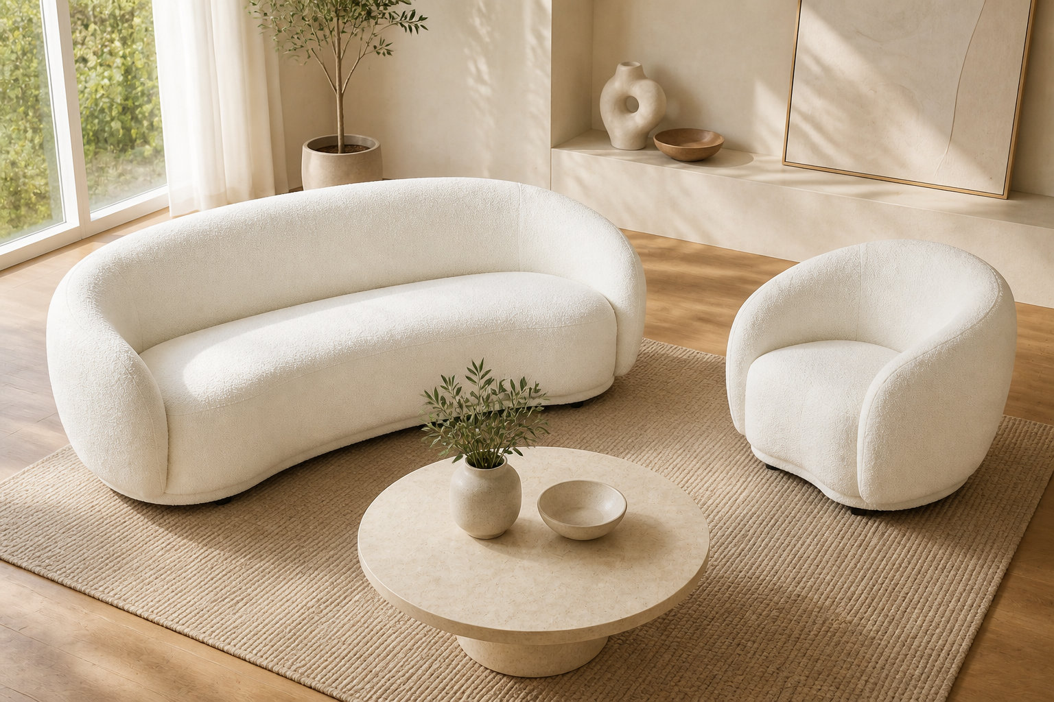 Ensemble Canapé Arrondi 3 Places Et Fauteuil Blanc Ivoire - BOVANA