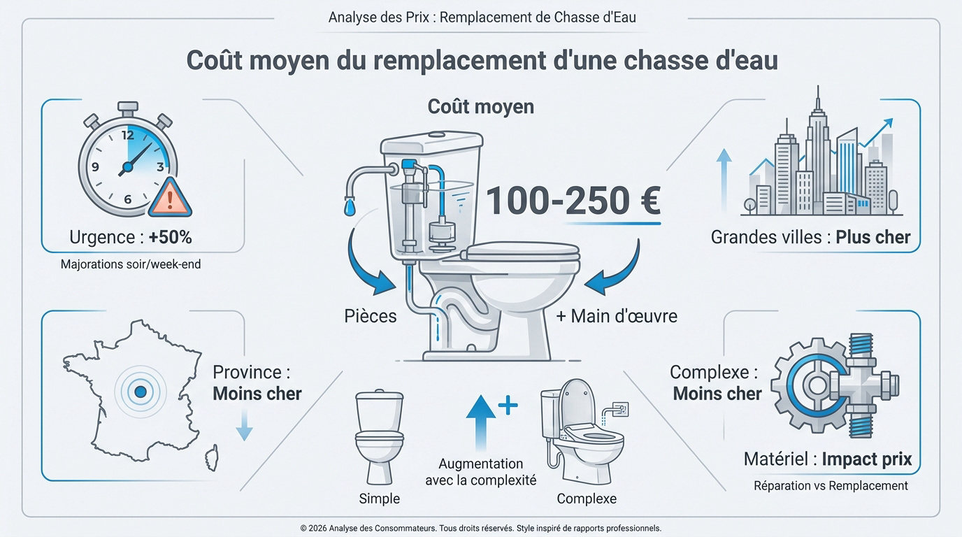 Tableau récapitulatif des tarifs de remplacement de chasse d'eau selon le type de WC et l'urgence
