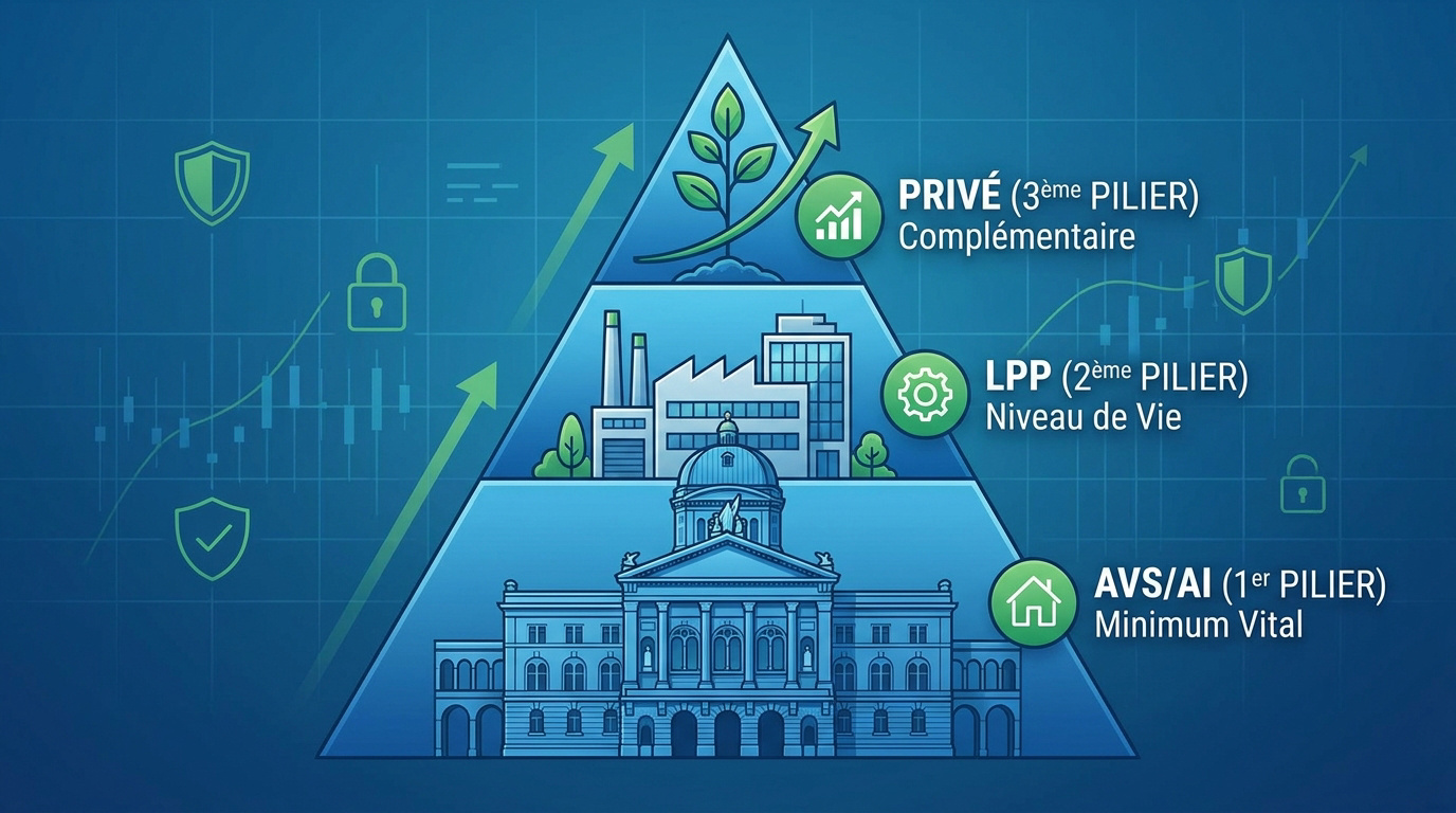 Infographie expliquant le système des 3 piliers de la prévoyance suisse : AVS, LPP et 3e pilier
