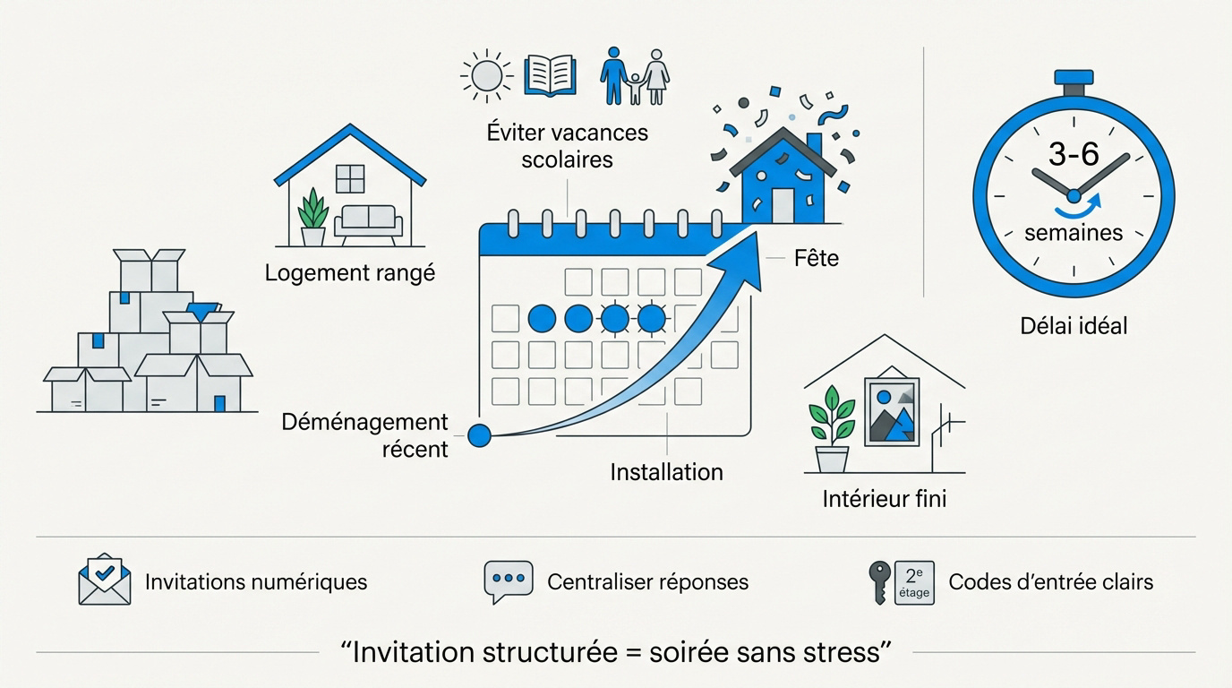 Infographie détaillant les étapes clés pour planifier une fête réussie après un déménagement