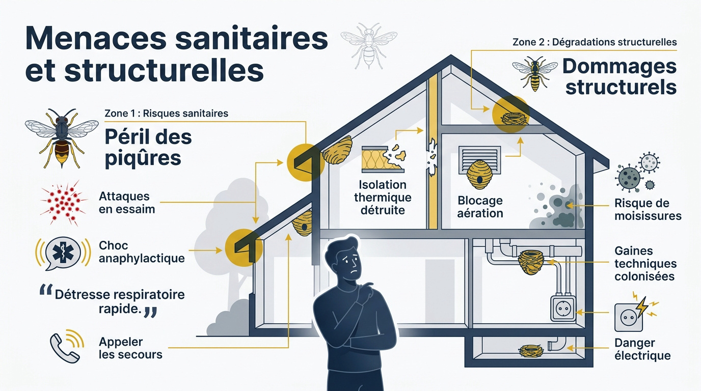 Nid de gu&ecirc;pes endommageant l'isolation d'une toiture
