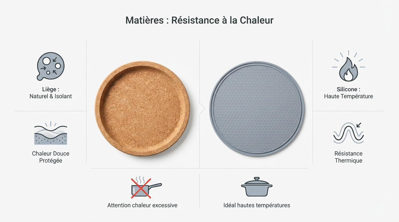 Comparaison de résistance thermique entre un dessous de plat en liège naturel et un modèle moderne en silicone