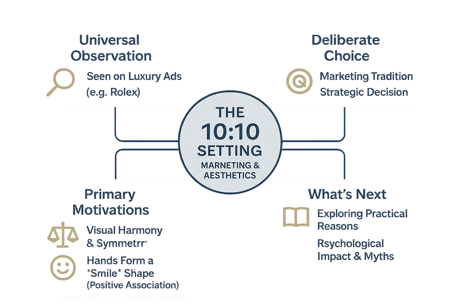 Wall clock at 10:10 showing hands framing the logo for aesthetic appeal