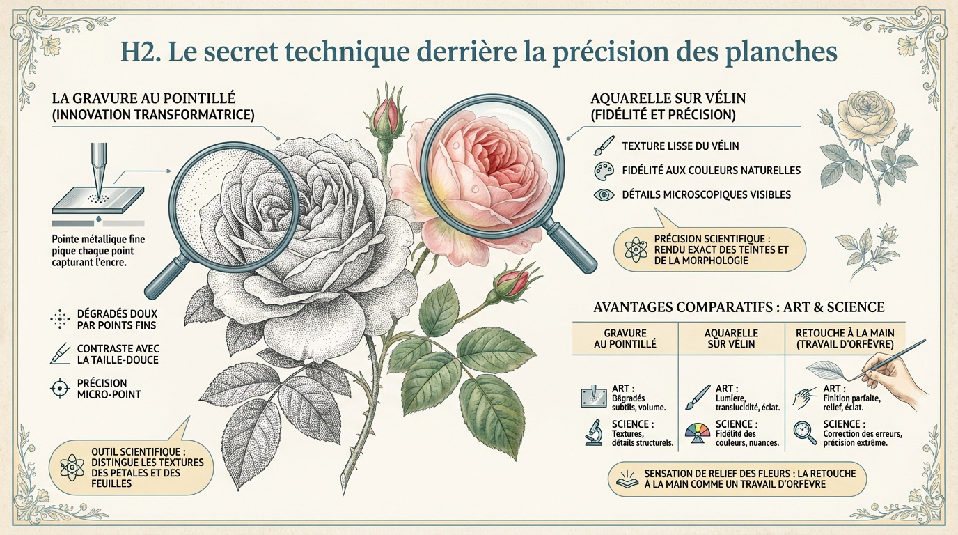 Détail d'une illustration botanique de Pierre-Joseph Redouté montrant la finesse de la gravure au pointillé