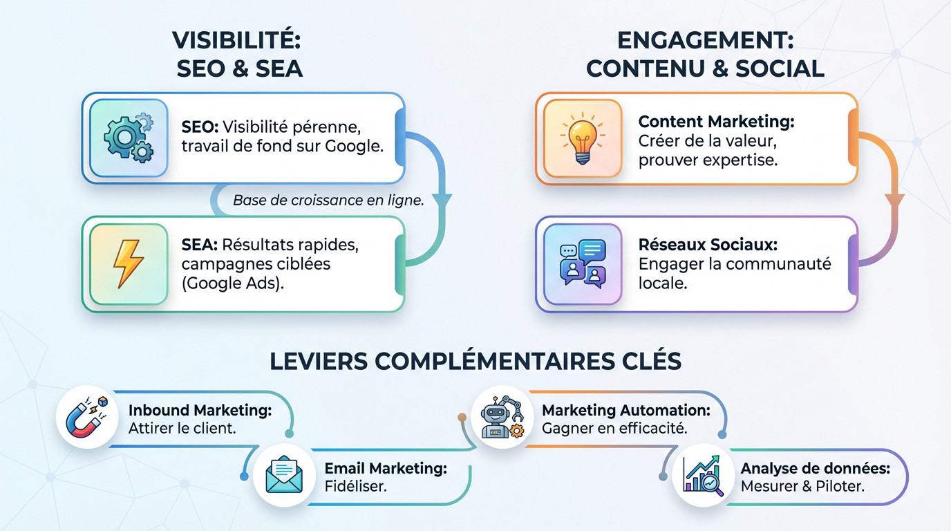 Schéma des piliers d'une stratégie digitale réussie incluant SEO, SEA et Content Marketing