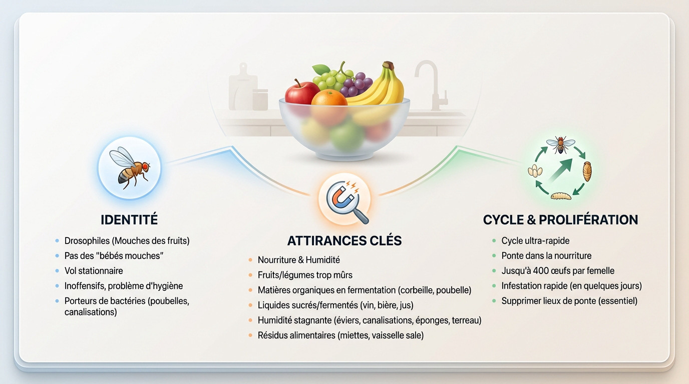 Sch&eacute;ma explicatif du cycle de vie de la drosophile et ses sources d'attraction en cuisine