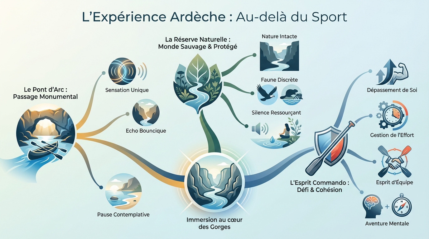 Canoéistes naviguant sous le Pont d'Arc en Ardèche, profitant du paysage grandiose