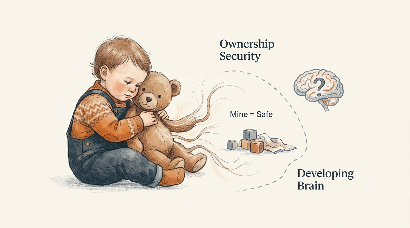 The Big Yellow Digger 1 Toddler holding a toy tightly to illustrate ownership security and brain development