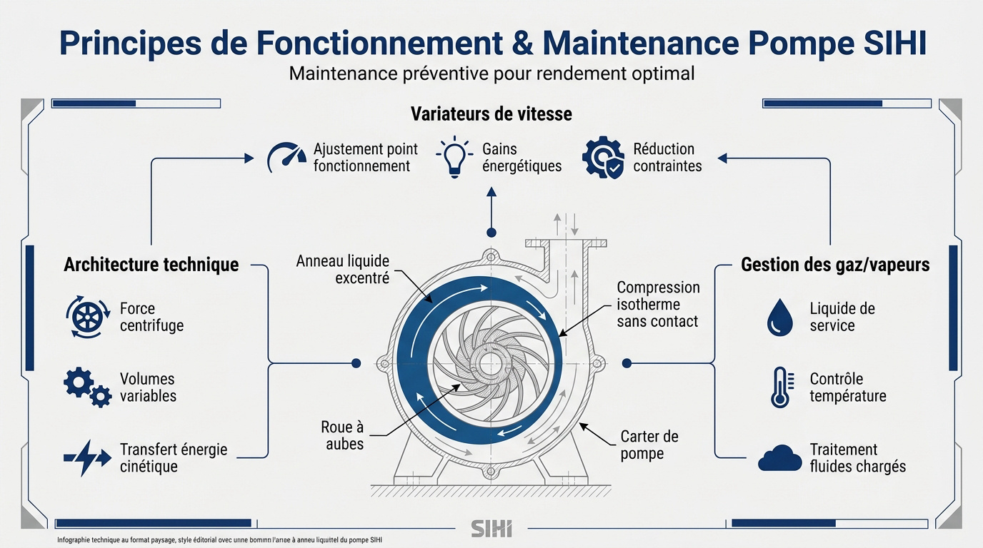 Schéma technique du fonctionnement et de la maintenance d'une pompe à vide SIHI à anneau liquide