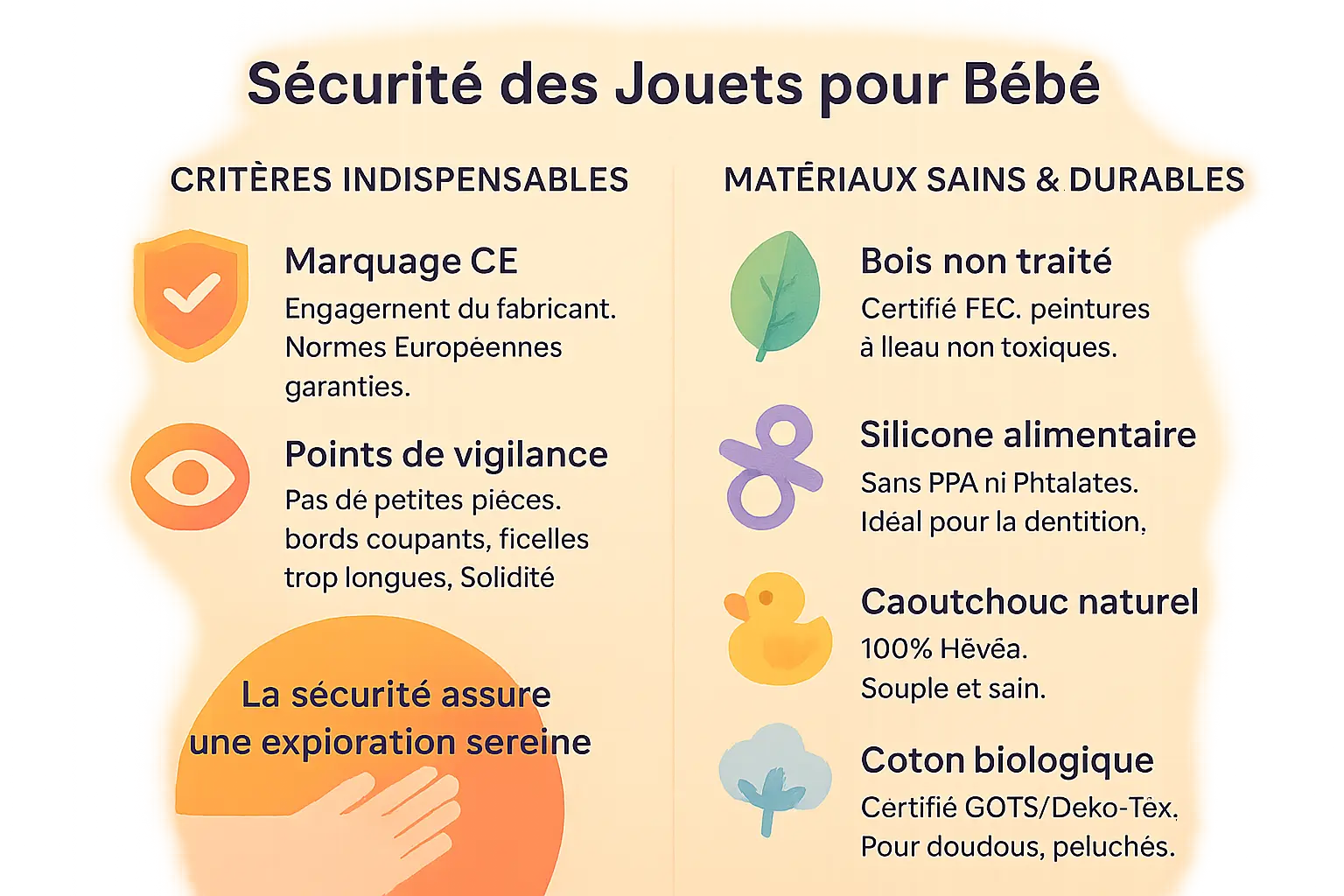 Illustration des jouets en bois et tissu pour bébé, mettant en avant la sécurité et les matériaux naturels