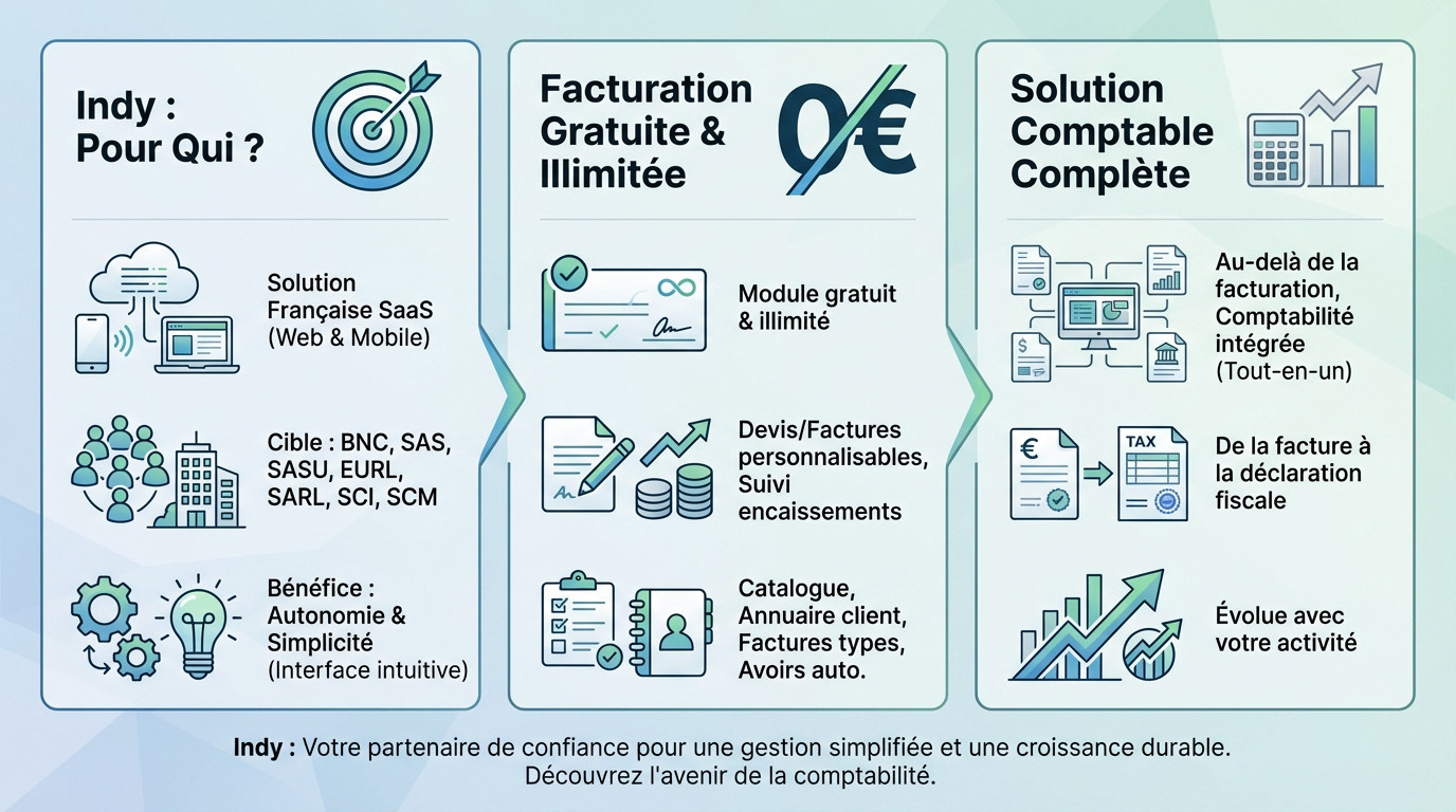 Interface du logiciel Indy présentant le tableau de bord de gestion comptable et facturation pour indépendants