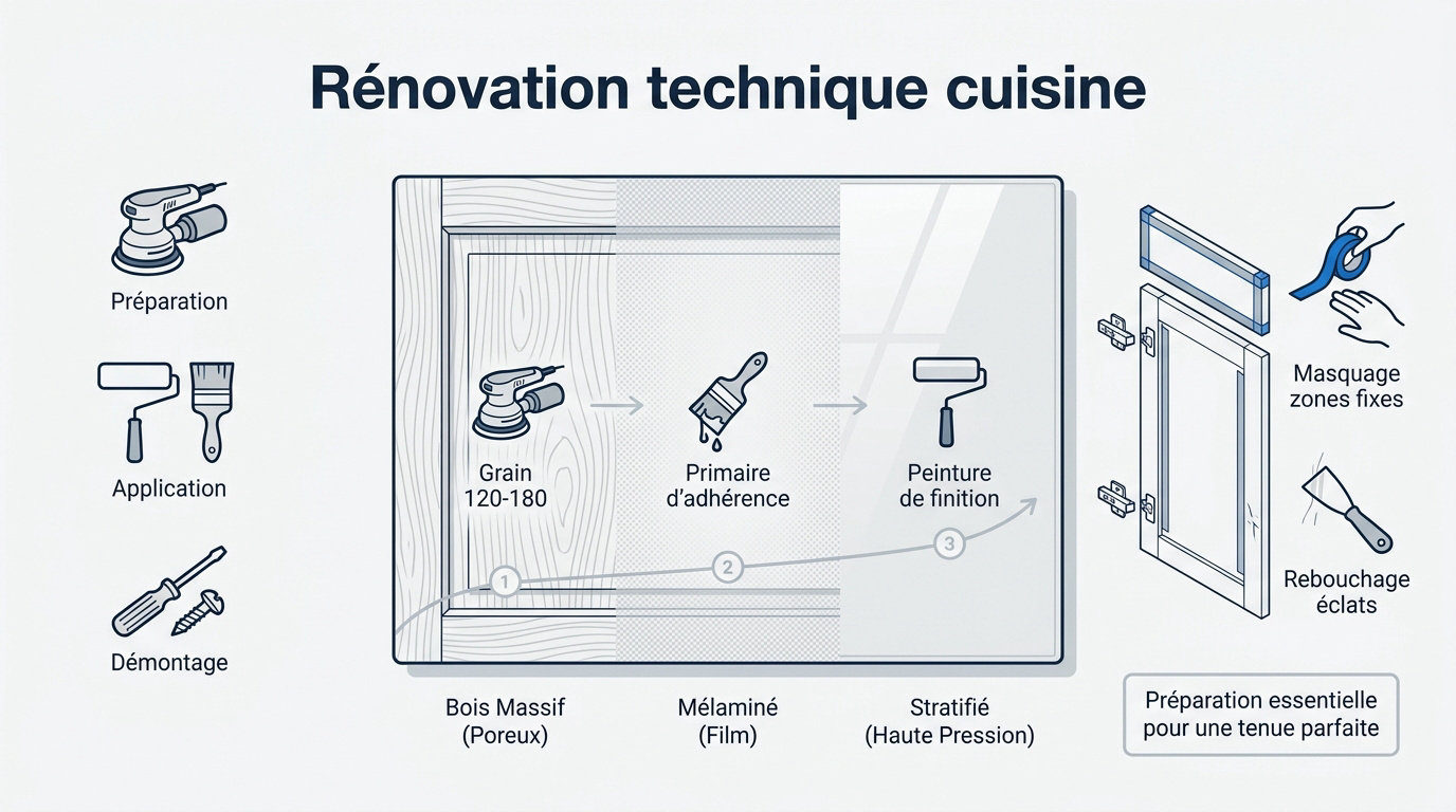 Infographie technique pour repeindre un meuble de cuisine : étapes de préparation et application
