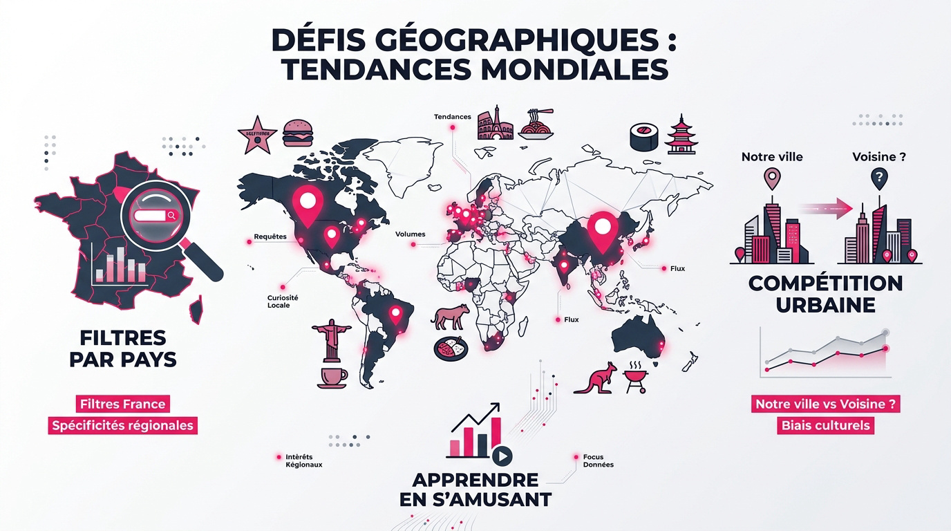 Illustration des défis géographiques et volumes de recherche mondiaux