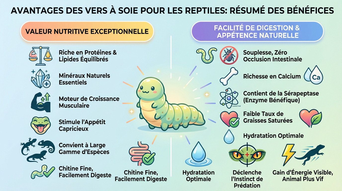 Infographie sur les bénéfices des vers à soie séchés pour reptiles : protéines, calcium et digestion