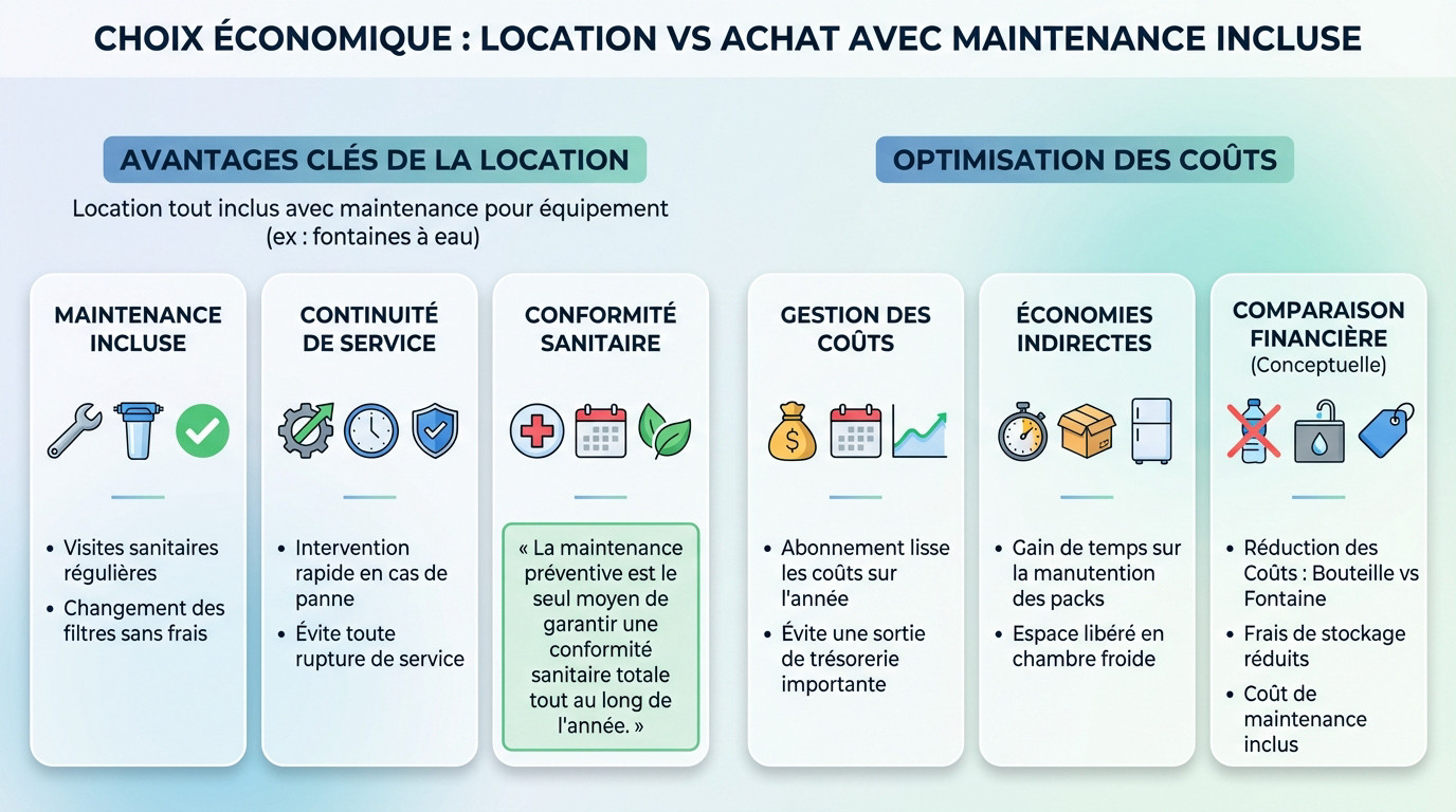 Comparaison &eacute;conomique entre location et achat de fontaine &agrave; eau avec maintenance incluse