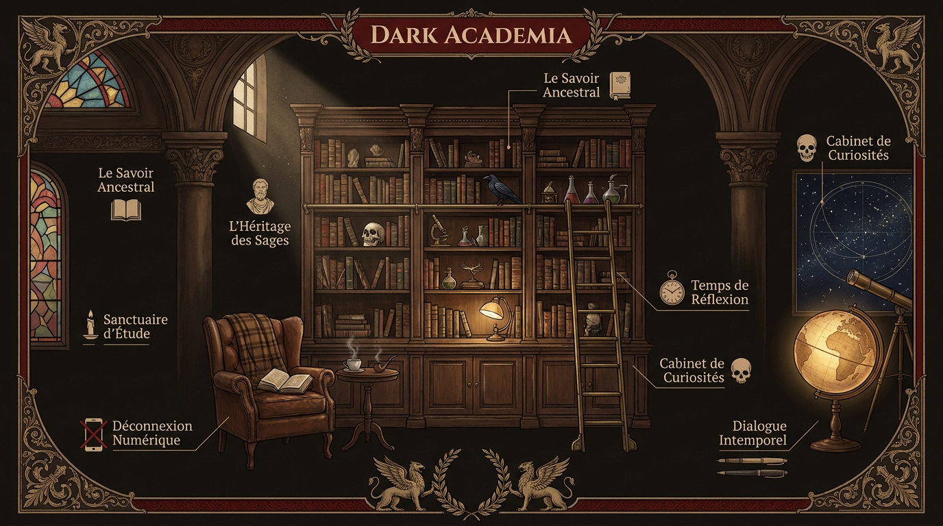 Coin lecture style dark academia avec bibliothèque en bois sombre et fauteuil en cuir
