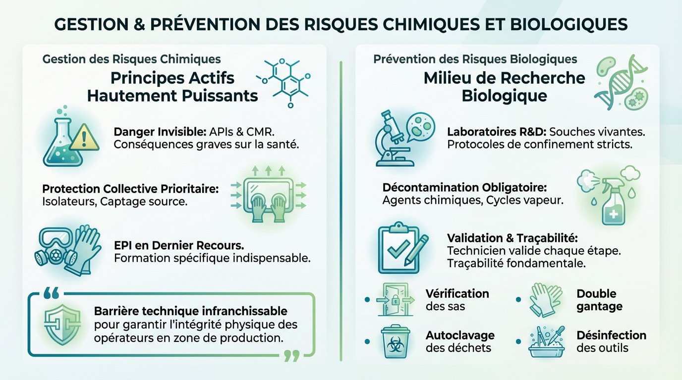Technicien en combinaison de protection manipulant des substances chimiques sous isolateur dans un laboratoire pharmaceutique