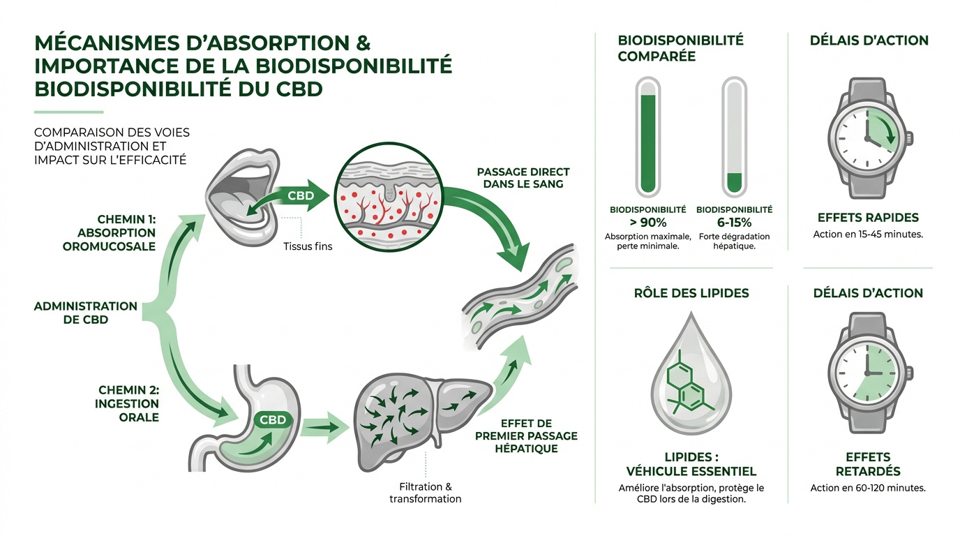 Infographie sur la biodisponibilité du CBD selon les modes d'administration