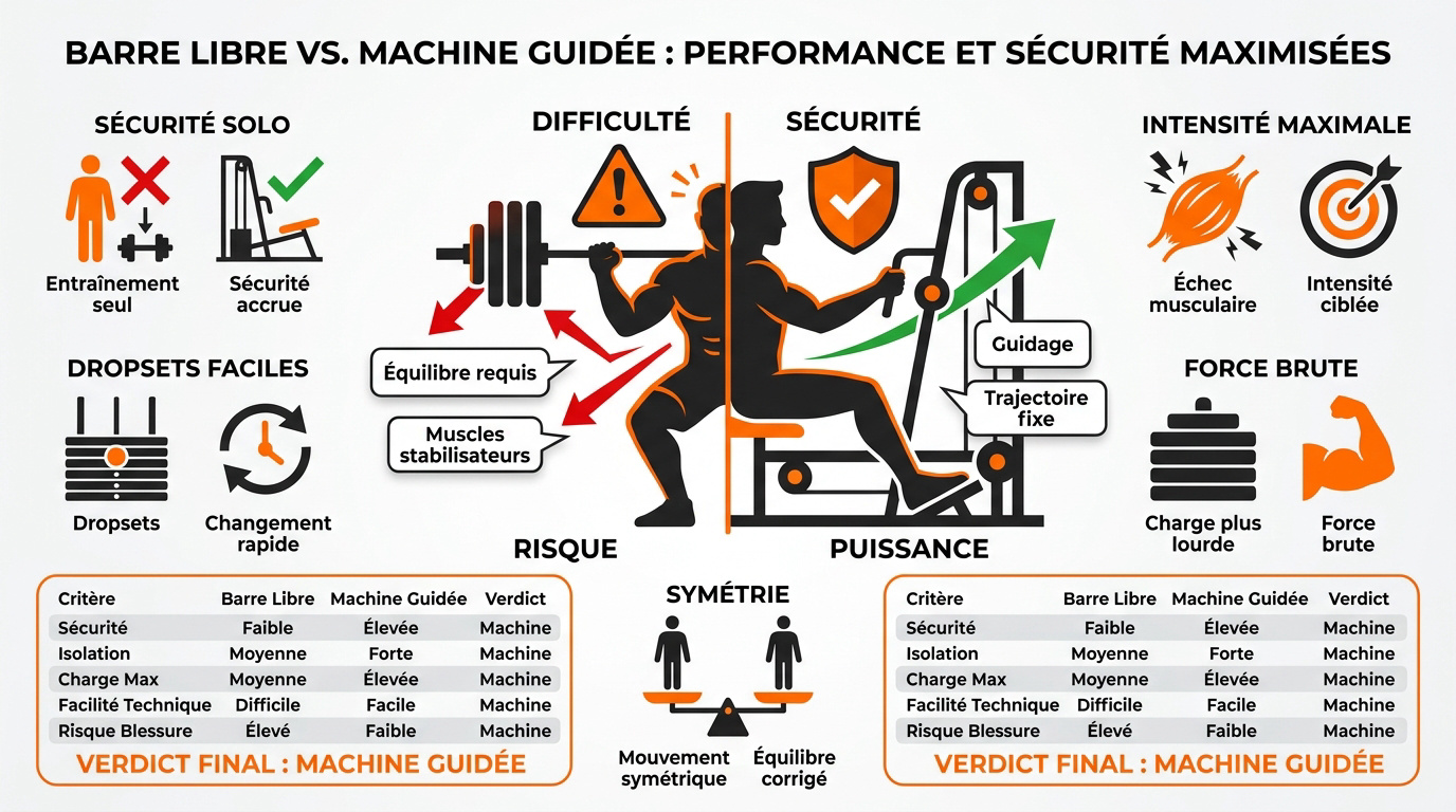 Comparaison visuelle entre le développé couché à la barre libre et le développé couché sur machine guidée en salle de sport
