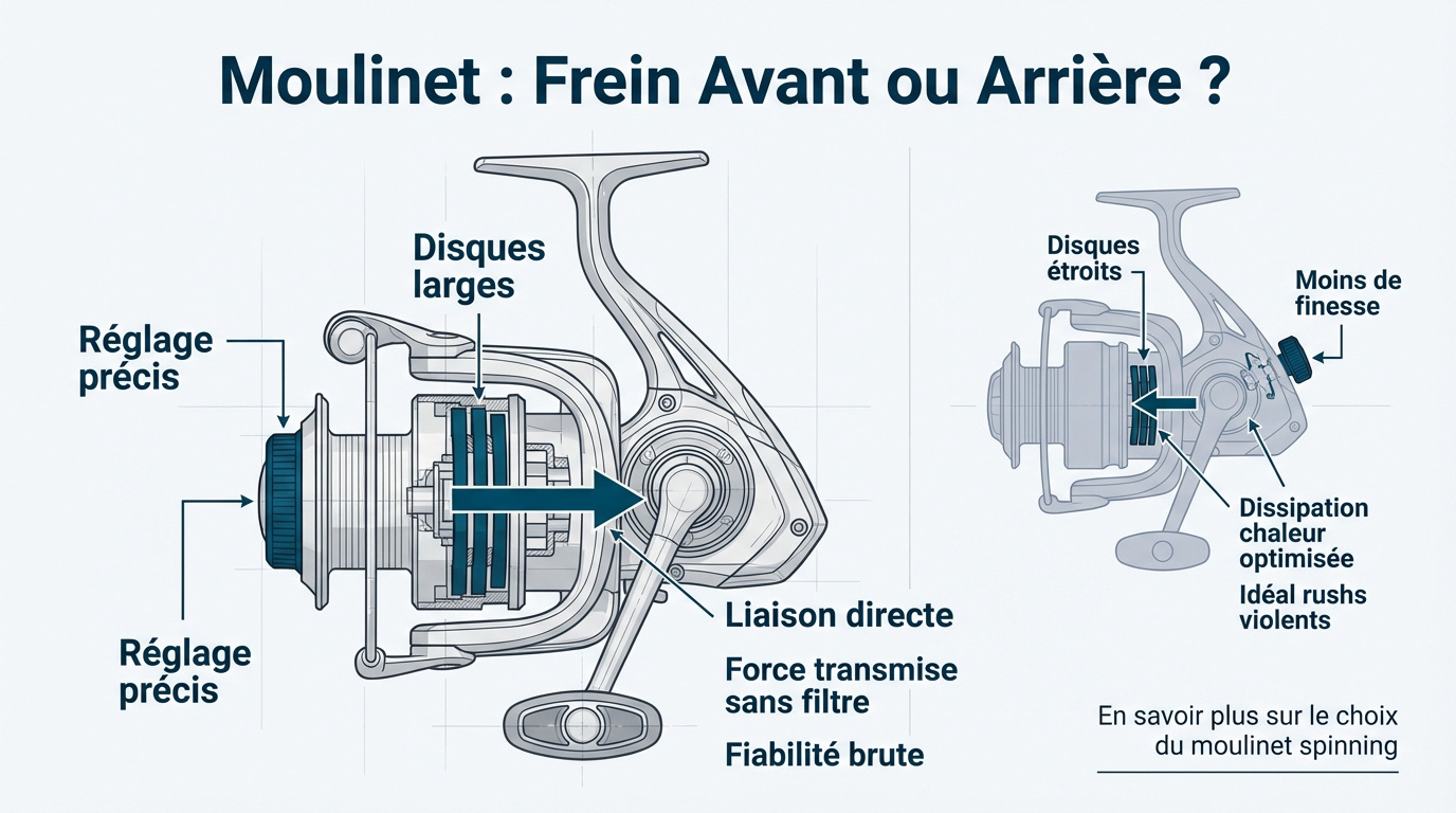 Comparaison technique entre un moulinet à frein avant et un moulinet à frein arrière pour la pêche