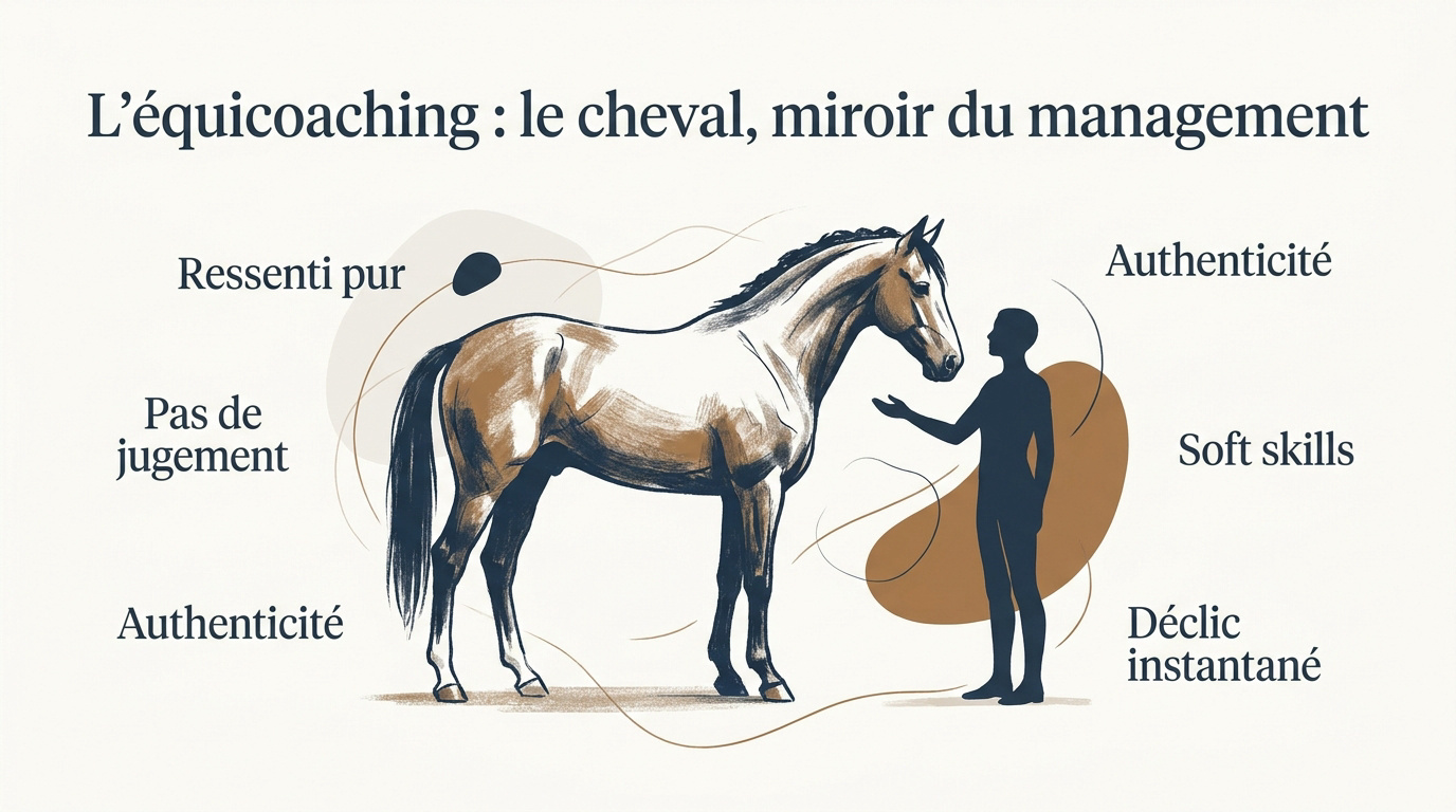 Séance d'équicoaching en entreprise montrant l'interaction entre un manager et un cheval au sol