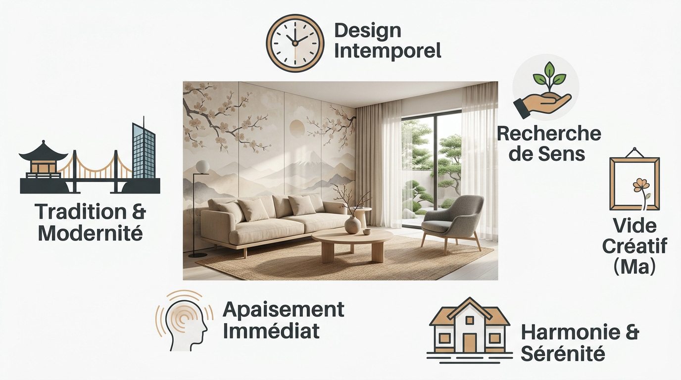 Infographie illustrant l'harmonie entre tradition japonaise et modernité scandinave dans la décoration intérieure