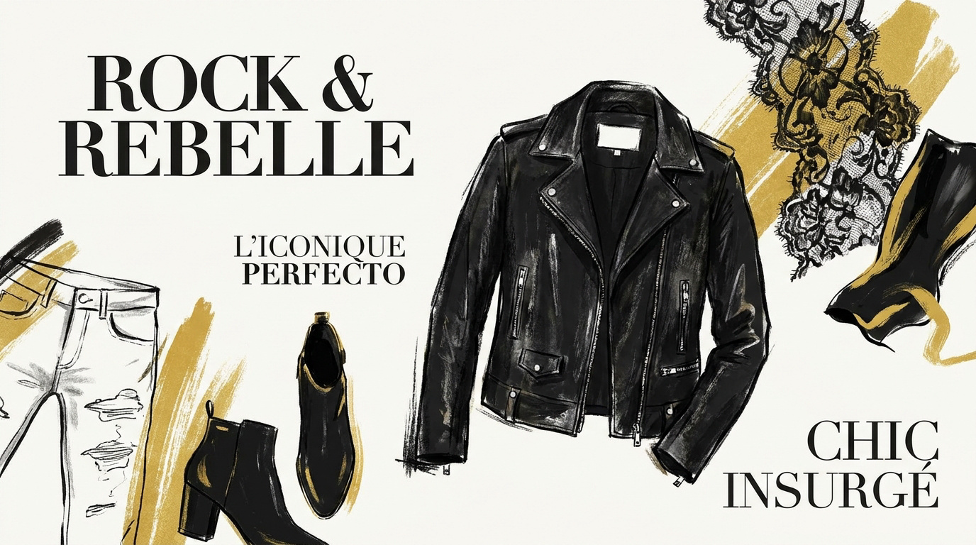 Femme portant un perfecto en cuir noir iconique pour un look rock