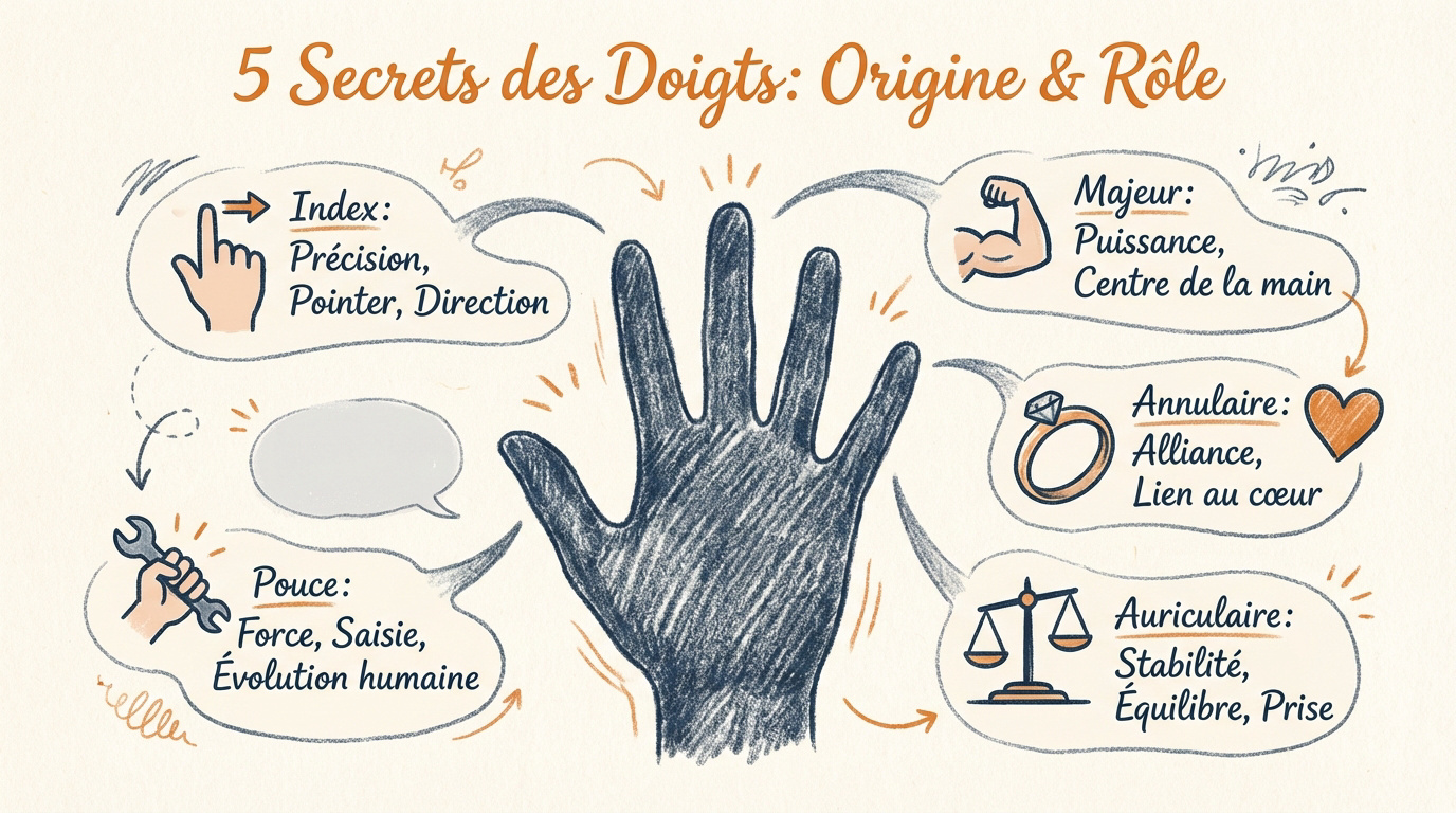 Infographie pédagogique présentant le nom et le rôle des cinq doigts de la main humaine